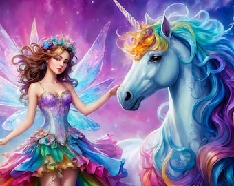 Unicorn and Fairy Ethereal Fantasy Art Print (Digital Download)