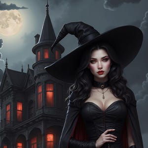 Enchanting Witch of the Haunted House, Instant Digital Download, Gothic Witch, Victorian Haunted House Artwork, Dark Fantasy Décor