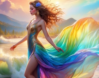 Ninfa etérea y luminosa bailando a la orilla del lago - Descarga digital / Encantadora ilustración de fantasía