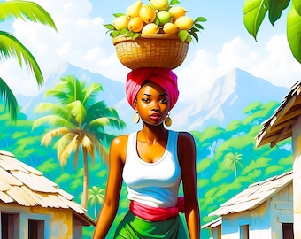 Caribbean Sunshine, Digital Download, Afro Caribbean Village Scene | Haitian Art | Afrocentric Tropical Wall Decor