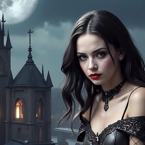 Full Moon Art Gothic Woman Digital Print: Dark Fantasy Medieval Cityscape (Instant Download