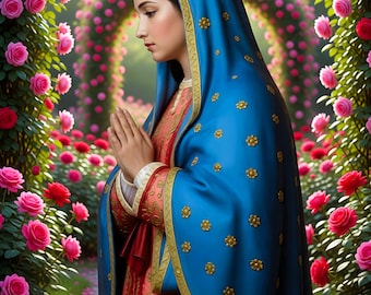Our Lady in the Rose Garden – A serene and breathtaking digital illustration of the Virgin Mary in prayer.