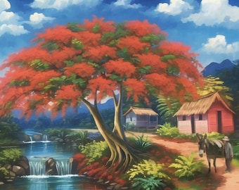 Flamboyant Tree Canvas Wall Art Tropical Landscape Print Red Royal Poinciana Caribbean Decor