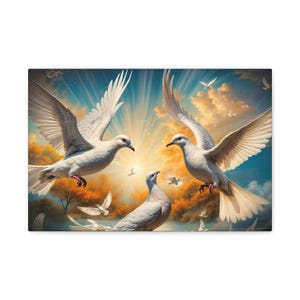 White Doves Canvas Wall Art, Three White Doves in Flight Against Vibrant Sky, Peaceful Nature Home Decor, Bird Lover Gift, Tranquil Artwork