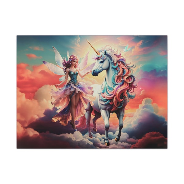 Fairy and Unicorn Fantasy in the Clouds Fairytland Esthetic Fantasy Fairy Art: Canvas Gallery Wraps
