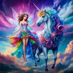Jednorożec i Wróżka Ponad Chmurami, Eteryczny Świat Fantasy Dekoracja Ścienna, Clipart, Pobieralna Sztuka, Natychmiastowe Pobieranie