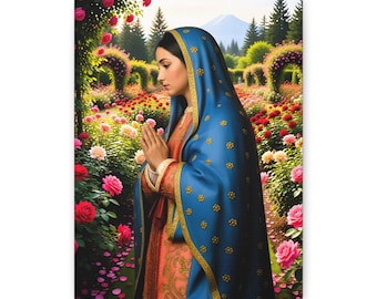 Virgin Mary in Rose Garden Canvas Print | Catholic Wall Art | Marian Devotion Gift