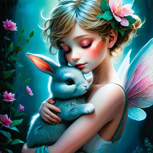Fee und Hase Pixie Umarmung Digital Download - wunderliche Kinderzimmer & Kinderzimmer Kunstdruck, niedliche Walddekor, zauberhafte Kinderwandkunst