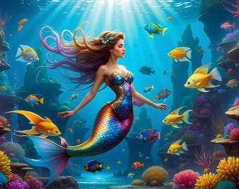 Ethereal Mermaid Art Print: Watercolor-Style Enchanted Water Wonderland (Digital Download)