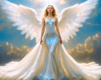 Luminous Serene Angel Art Print: Celestial Home Decor (Digital Download JPG, PNG, SVG Files)
