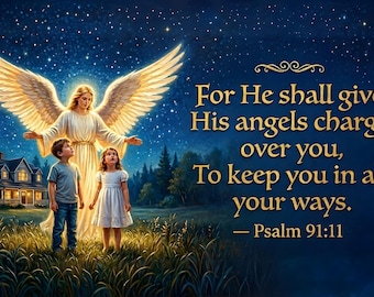 Psalm 91:11 Angel Wall Art, Digital Download, Guardian Angel Bible Verse Print, Christian Scripture Decor, Faith Gift, Religious Poster