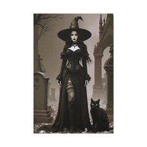Impresión en lienzo espeluznante de bruja y gato negro: arte mural gótico de Halloween espeluznante