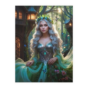 Fairy Princess, Silk Poster - Mystical Enchanted Forest Art Wall Decor with Green Eyes, Indoor Outdoor Whimsical Tapestry Home Decoration
