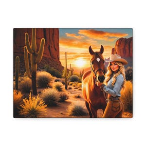 Canvas Print, Canvas Art, Arizona Cowgirl Desert Sunset Art, Southwest Wall Decor, Western Home Decor, Cowgirl Sunset Painting