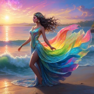 Luminous Ethereal Nymph Dancing on Lake Shore - Digital Download | Enchanting Fantasy Illustration