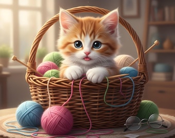 Cute Kitten Digital Illustration, Cozy Cat Wall Art Printable, Cat Lover Nursery Decor, Whimsical Kitten Art Download