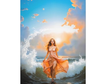 Emergent Femininity Canvas Art, Seascape Painting: Surreal Ocean Decor