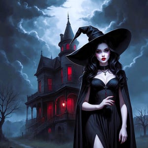 Gothic Witch Art Print: Haunted House Illustration (Digital Download)