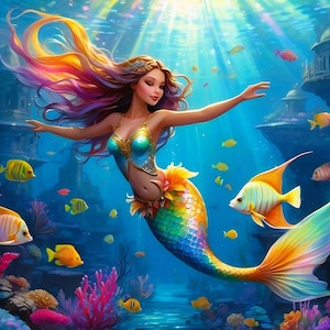 Luminous Mermaid Illustration, Digital Download, Ethereal Underwater Wall Decor, Instant Mermaid Artwork, Fantasy Ocean Illustration