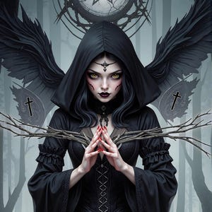 May include: A digital illustration of a woman in a black hooded cloak with black feathered wings. She has pale skin, dark makeup, and red nail polish. A pentagram and crosses are in the background. The overall theme is gothic and fantasy.