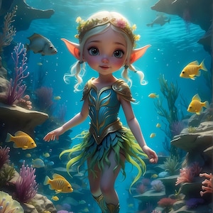 Figurine enfant elfe de l'eau enchanté au pays des merveilles de l'eau, décor fantastique magique, cadeau d'art féerique lunatique pour enfants et collectionneurs