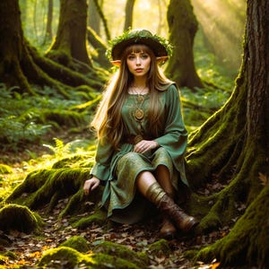 May include: A woman wearing a green dress and a leafy crown sits in a mossy forest. Sunlight streams through the trees, illuminating the scene.