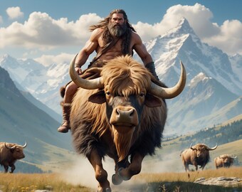 Neanderthal Riding Wild Ox Print: Stone Age Decor (Digital Download 18 MB jpg file)