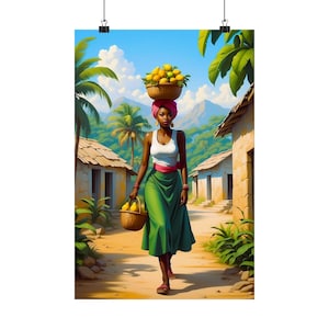 Haitańska kobieta, wydruk artystyczny: styl malarstwa aksamitnego, krajobraz wiejski