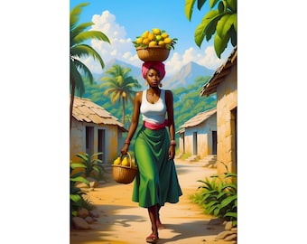Haitian Woman Matte Vertical Poster, Vibrant Mango Art Print, Tropical Wall Decor, Caribbean Culture Gift, Bold Colorful Illustration