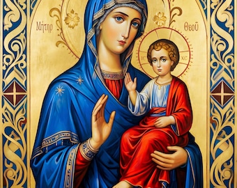 Virgin Mary Child Byzantine Icon, Orthodox Christian Art Nouveau Wall Art (Digital Download)