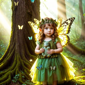 May include: A young girl dressed as a fairy with green wings and a green dress holds a plush toy bear. She is standing in a woodland setting with sunlight streaming through the trees.