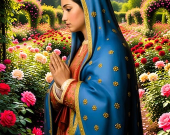 Virgin Mary in Rose Garden Canvas Print | Catholic Wall Art | Our Lady Prayer Digital Download | Marian Devotion Gift