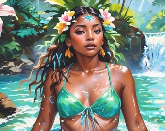 Tropical Waterfall Canvas Art, Island Woman Wall Art, Jungle Oasis Painting, Hawaiian Decor, Exotic Nature Artwork, Bathroom Spa Decor