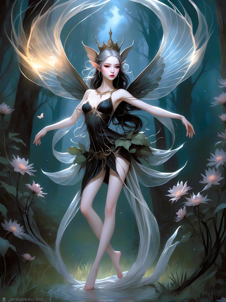 Hermosa hada bailando en la superficie de un lago / Mundo etéreo / Arte fantástico: Decoración de pared para el hogar / Descarga digital imagen 1