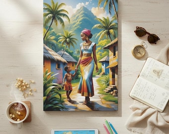 African Mother and Child Canvas Print, Afrocentric Village Wall Art