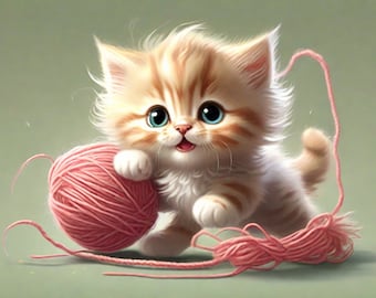 Adorable Kitten, Digital Download, Playful Kitty, Fluffy Cat, Playing with Yarn,  Instant Download