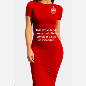Delta Sigma Theta Embroidery “Fitted” Dress with shield in Red-Prices are discounted on our website www.simplykreativegreek.com