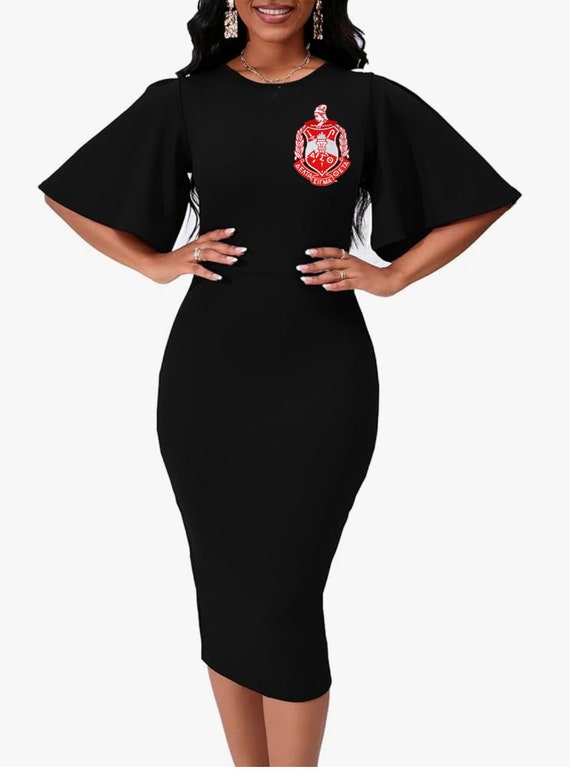 Delta Sigma Theta Embroidery fitted Dress in Black With Flare  Sleeves-prices Are Discounted on Our Website Www.simplykreativegreek.com -  Etsy