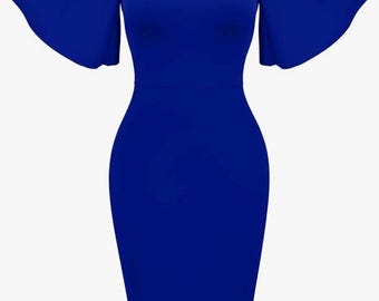 Zeta Phi Beta Embroidery “Fitted” Dress with Flare Sleeves- Royal Blue (This dress tends to run small, please consider a size up if needed)