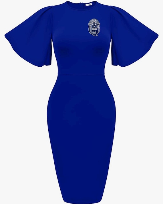 blue sorority dress Zeta Phi Beta Embroidery Fitted with Flare Sleeves- Royal Blue-Prices are discounted on our website www.simplykreativegreek.com you might need to