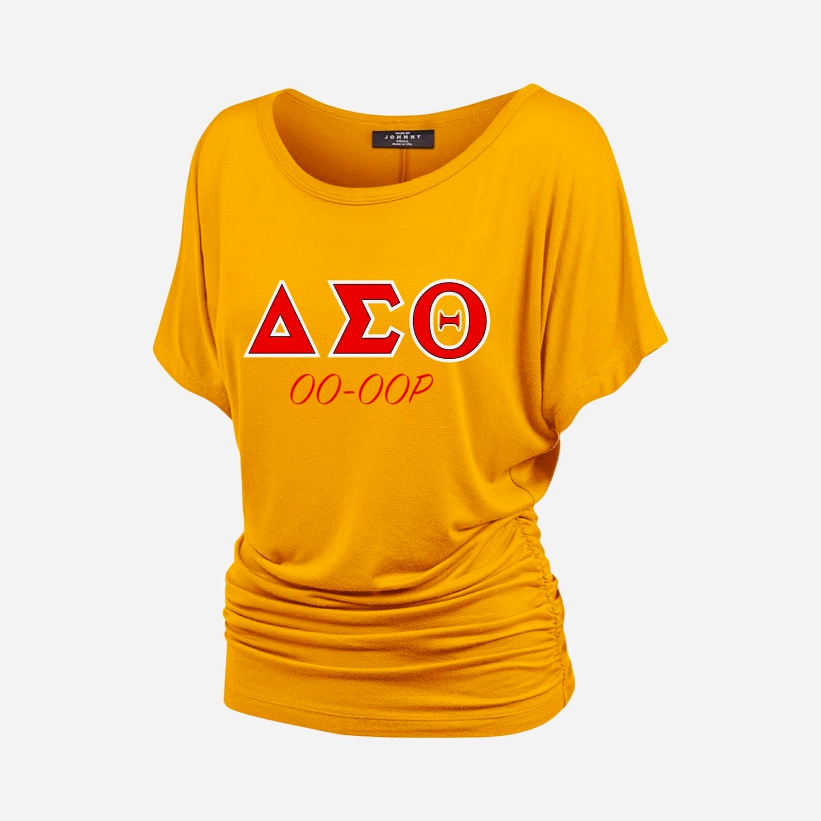 Delta Sigma Theta Gold A-Line (OFF The Shoulder) Glitter/Non-Glitter Shirt (Short Sleeve), image size:1600x1600