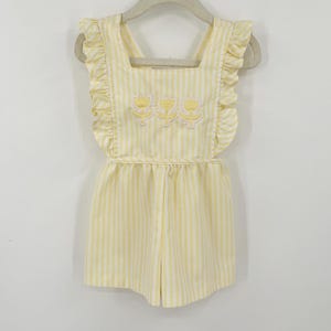 Vtg 80s 3T toddler pinafore romper yellow ruffle summer