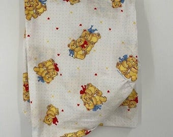 Vintage 1990 DUNDEE Teddy Bear Red Check Grid 0210 Blue Crib Sheet white