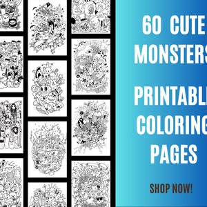 Puede incluir: Un conjunto de 60 páginas para colorear imprimibles con ilustraciones de monstruos adorables. Las páginas son en blanco y negro y están listas para colorear.  "60 Monstruos Lindos Páginas para Colorear Imprimibles ¡Compra Ahora!"