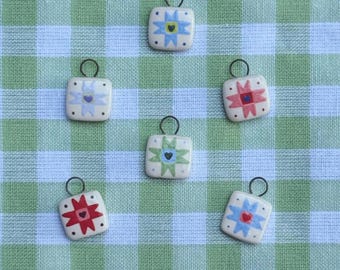 Ceramic Quilt Square Handmade Porcelain Charm  | Heart Quilt Block | Gifts for Crafters | Quilted | Charm Necklace Bracelet - Charm Only