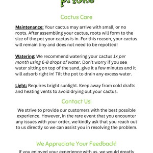 May include: A white informational card titled Little Pricks with a cactus icon. It provides care instructions for a cactus, including maintenance, watering with 6-8 drops, and light requirements, plus contact and feedback information in black text.