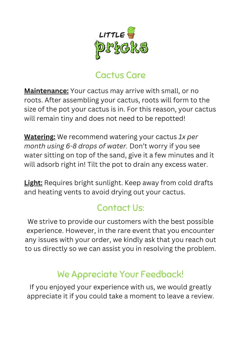 May include: A white informational card titled Little Pricks with a cactus icon. It provides care instructions for a cactus, including maintenance, watering with 6-8 drops, and light requirements, plus contact and feedback information in black text.