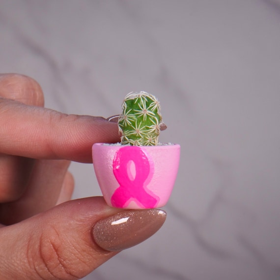 LITTLE PRICKS - Micro Mini Cactus - Breast Cancer Awarness Ribbon - DIY Cactus Kits, Hand-Painted Pot, Live Plant, Pink Ribbon