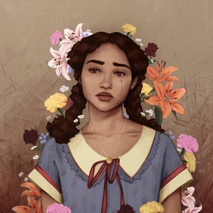 May include: A young woman with brown hair and brown eyes looks sadly at the viewer. She is wearing a blue dress with a white collar and a red bow. She has a gold necklace with a small pendant. She is surrounded by flowers, including lilies, carnations, and daisies. The text "who am I supposed to love?" is written at the top of the image.