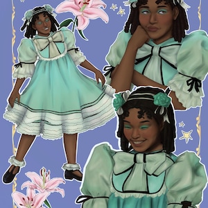Puede incluir: Una ilustración digital de una persona con piel oscura que lleva un vestido azul claro con cuello blanco y ribete de encaje blanco. El vestido tiene un gran lazo blanco en el cuello. La persona lleva una diadema con flores verdes. El fondo es azul claro con estrellas blancas.